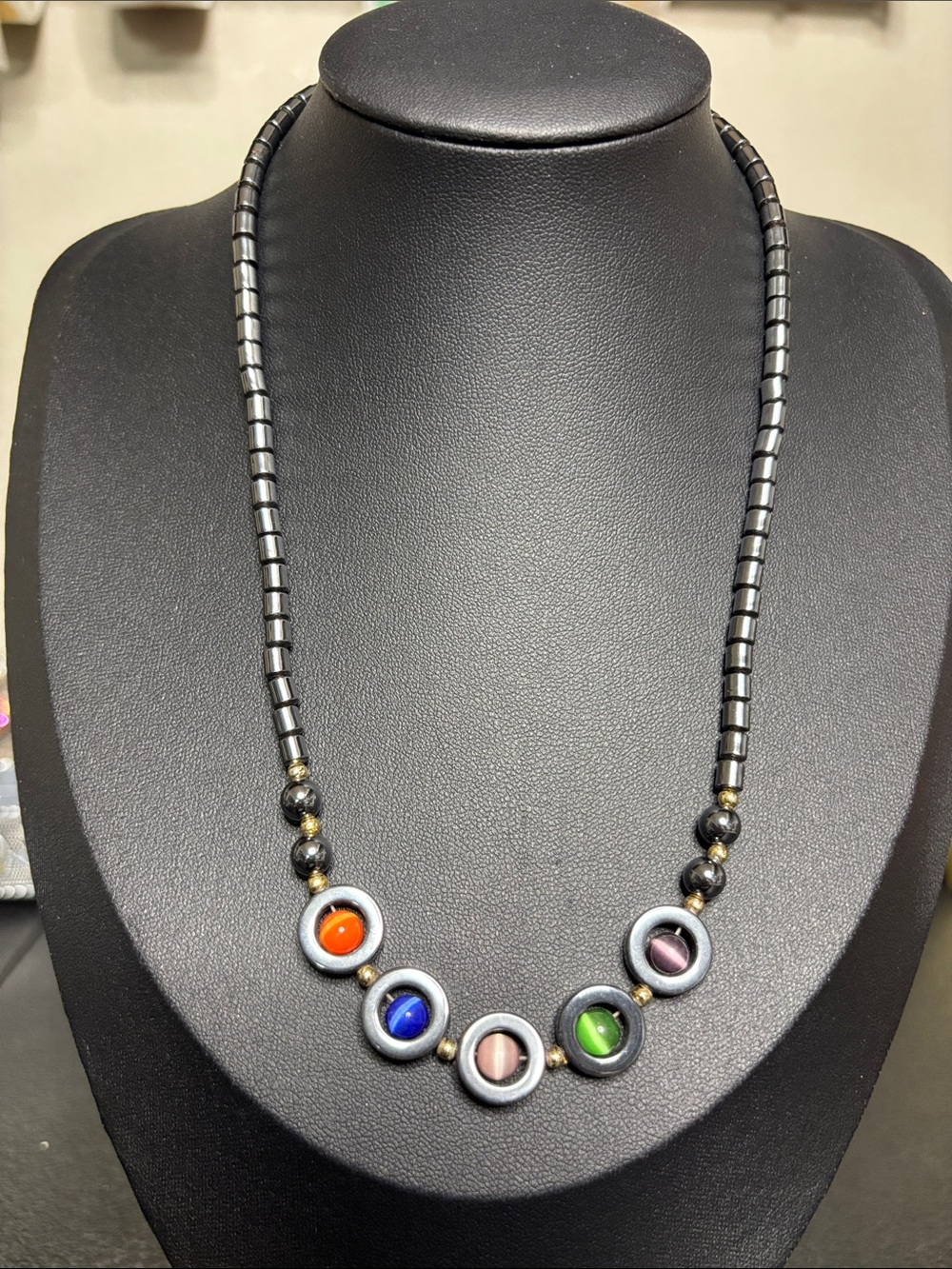 Beaded Hematite Multicolor Cats Eye Glass Disc Necklace Jewelry